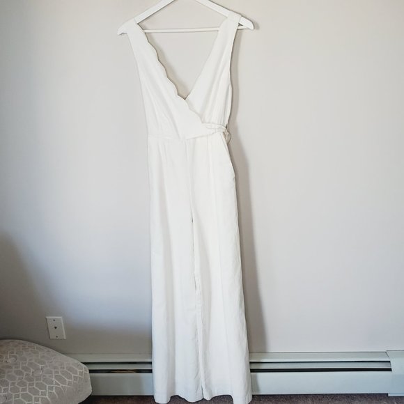 Anthropologie Jumpsuit Chino Wide Leg Tie Waist Modern Scalloped Cream 2 - Picture 3 of 14